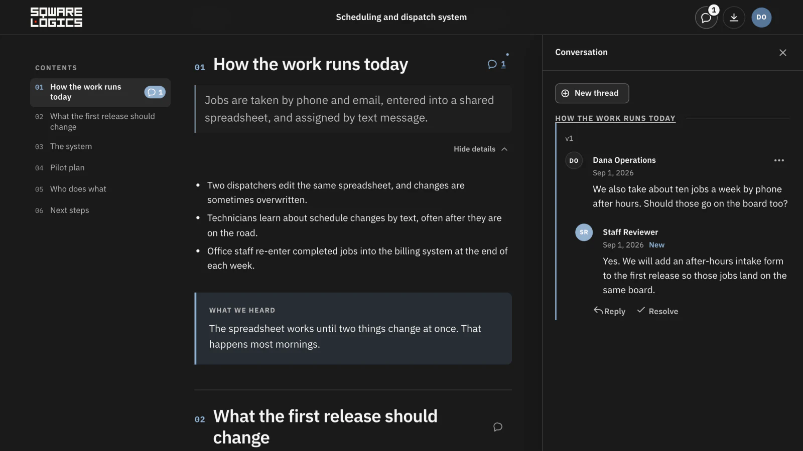 Client portal showing a proposal section with a client question and our reply beside it