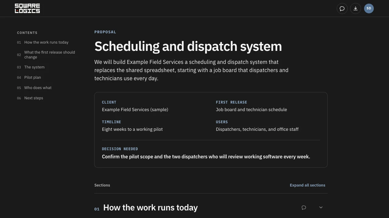 Client portal showing a sample proposal with its summary and contents