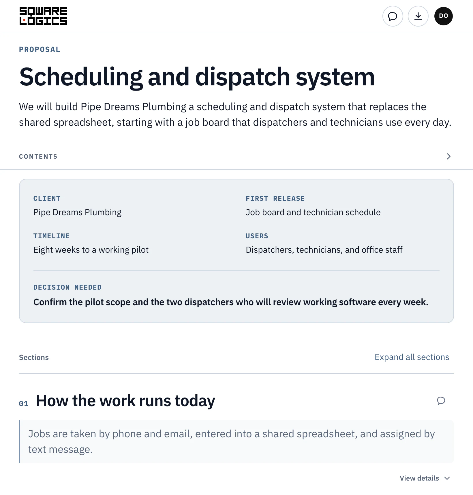 Client portal showing a sample proposal for a scheduling and dispatch system