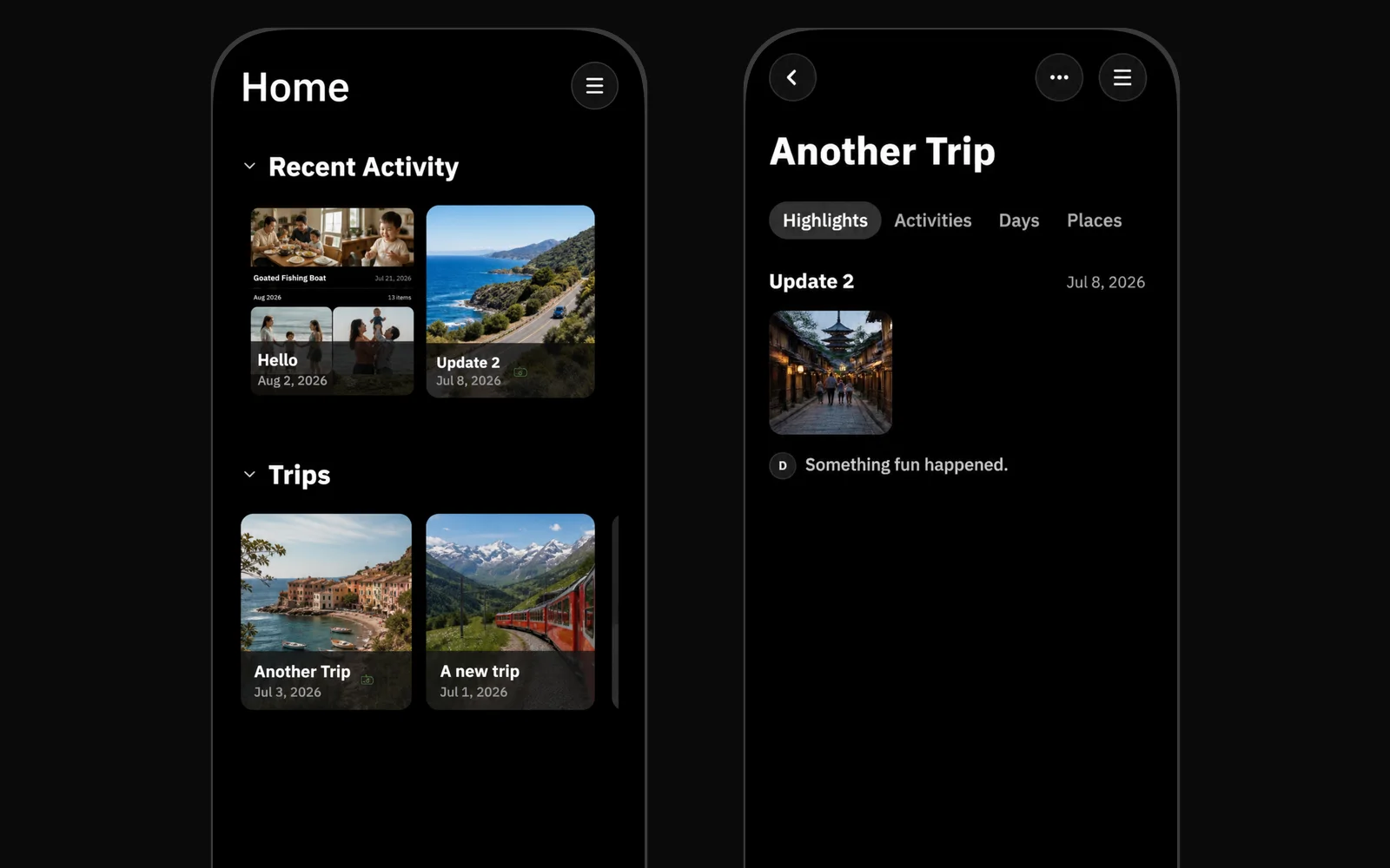 Family Archive home and trip views captured on an iPhone 16 Pro simulator