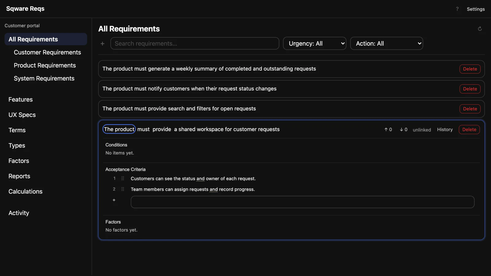 Requirements workspace with product requirements and acceptance criteria